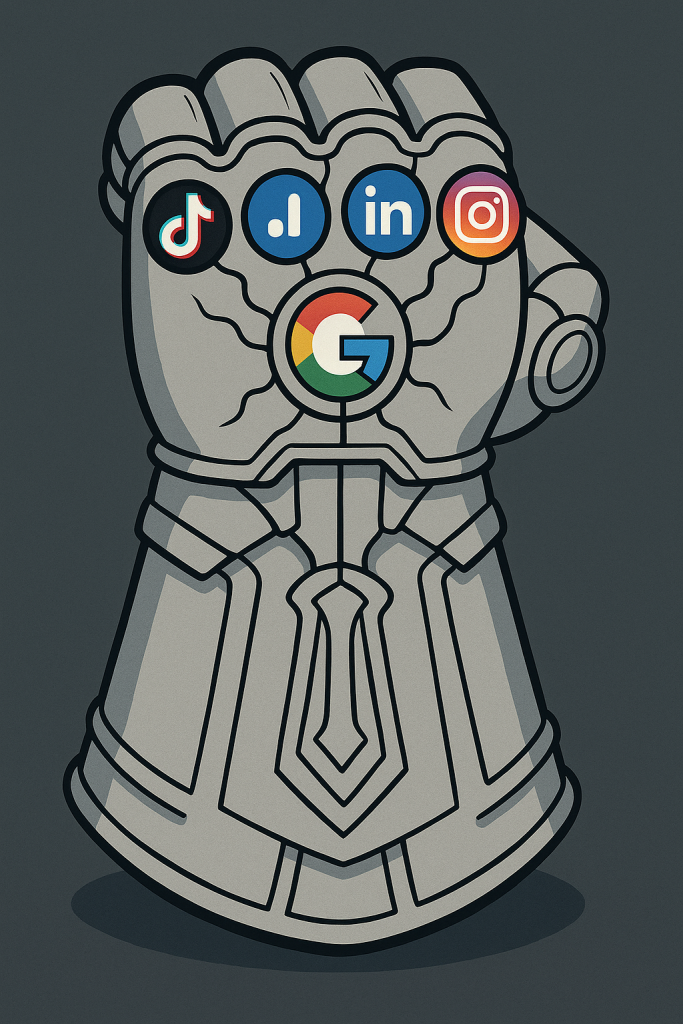 An infinity gauntlet but instead of the infinity stones we have social media logos and the google logo